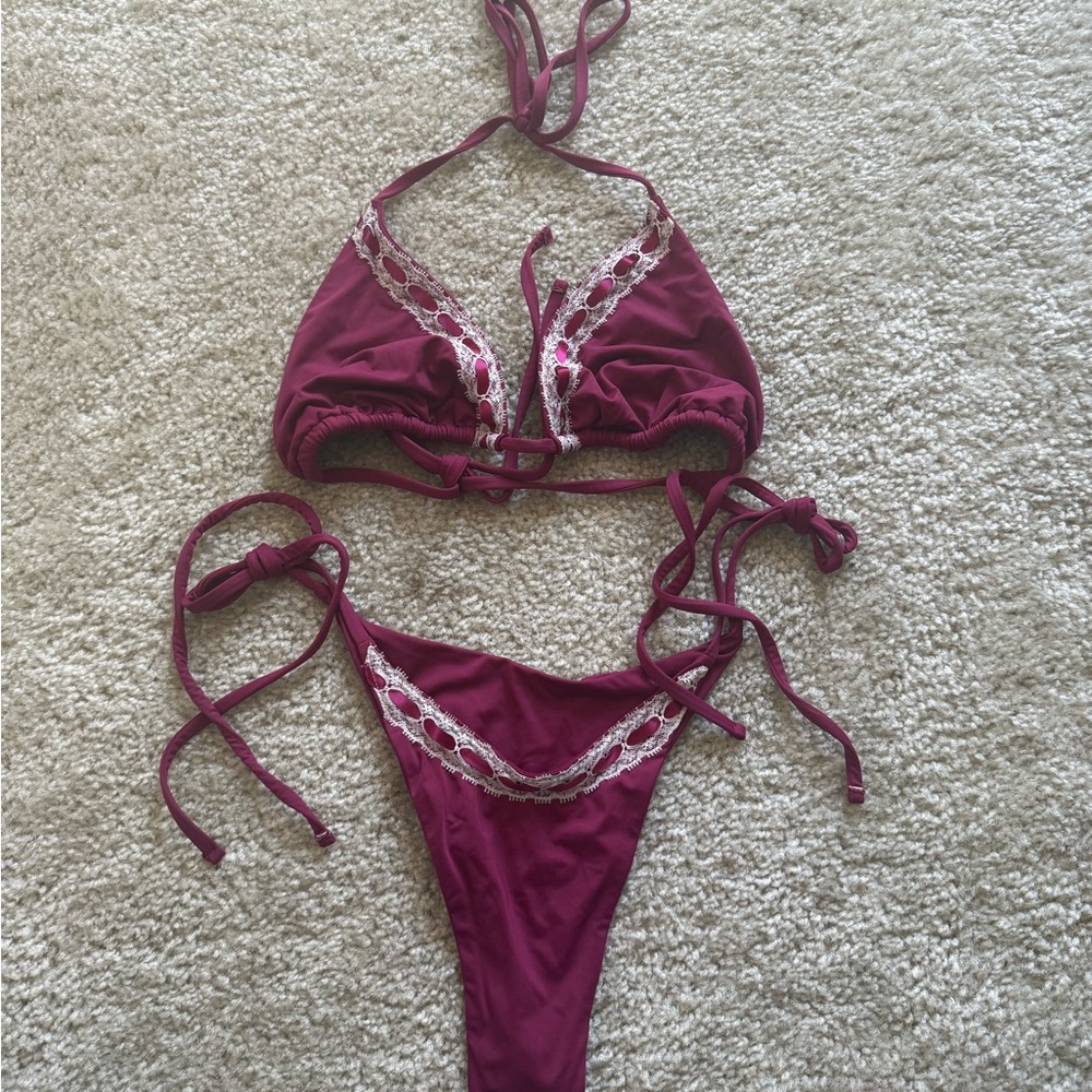 Miesis Swimwear Burgundy Lace Trim Bikini Set